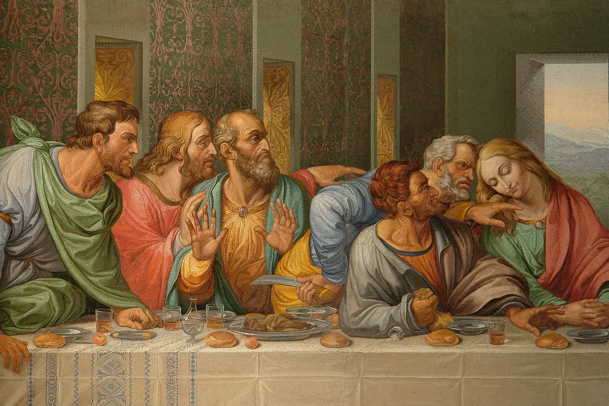 A close detail of the mosaic showing several apostles in green, red, orange and blue robes leaning over the table.
